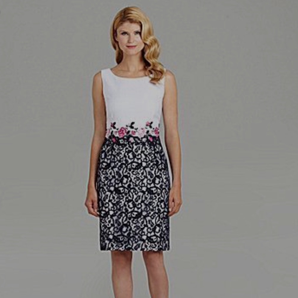 ANTONIO MELANI White and Navy Midi Dress with Floral and Lace